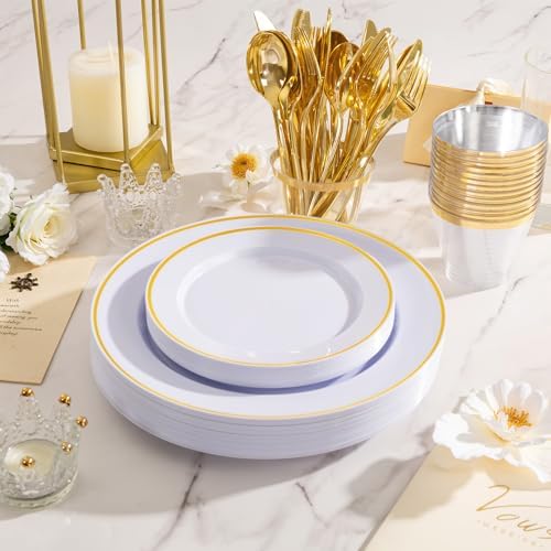 SUT 175 Pcs White and Gold Plastic Plates, Plastic Dinnerware Set for 25 Guests, Disposable Plates and Napkins Party Supplies, Gold Silverware, Plates, Cups and Napkins Sets for Party, Weddings - Image 2