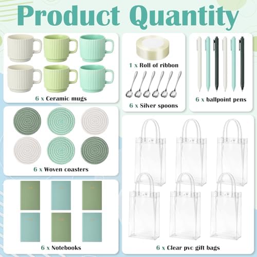 36 Pcs/6 Sets Baby Shower Prizes for Winners Include Ceramic Mugs with Spoons Woven Coasters Notebooks with Pens Clear PVC Gift Bags for Bridal Shower Party Favors(Green) - Image 3