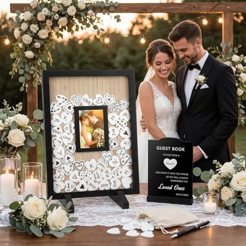Wedding Guest Book Alternatives, Rustic Wedding Guest Book Sign Reception Drop Box with 100 Wooden Picture Frame Hearts for Wedding Anniversary Birthday Party (Black) - Image 3