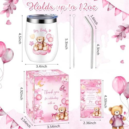 Hoolerry 6 Set Baby Shower Cups, 12oz Stainless Steel Tumbler, Pink Bear - Image 2