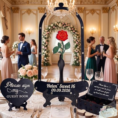 Sweet 16 Quinceañera Guest Book Alternative Red Rose Glass Dome Drop Box - Image 4