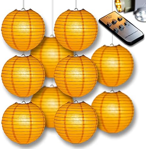 PaperLanternStore.com 10" Orange Paper Lantern Party Pack with Remote Controlled LED Lights (10-Pack Combo Kit) by Fantado+Party+%26+Event+Lighting