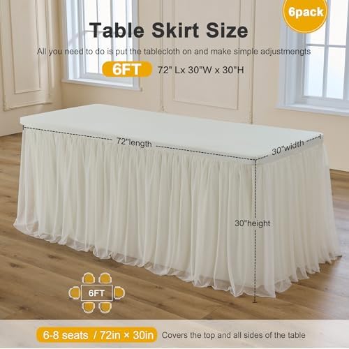 familus Ivory Table Cloths 6 Foot Rectangle 6 Pack Stretch Ruffle Tulle Tablecloth Spandex Fitted Table Cover for 6 Foot Tulle Table Skirts for Party Wedding Table Cloths, Banquets - Image 3
