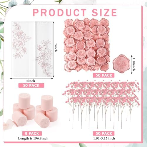 Fullhawl 50 Sets Wedding Invitations Wraps Set Rose Gold Foil Pre Folded Vellum Jackets for 5 x 7 Invitations Pink Dried Flowers Wax Seal Stickers Chiffon Silk Ribbon for Craft DIY - Image 2