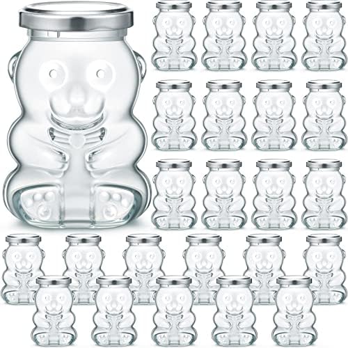 Patelai 24 Pack 9.5 oz Glass Bear Shaped Honey Jars with Lids Reusable Small Tilted Bear Glass Bottles Containers Dispenser for Candies, Birthday Wedding Party Favors (Classic, Silver) by Patelai