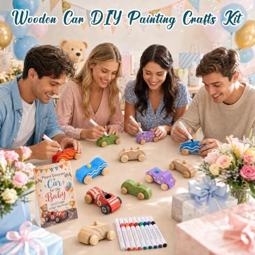 57 Pcs Baby Shower Games Wooden Car DIY Painting Crafts Kit - Image 5