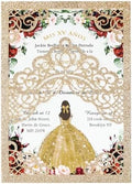 Hosmsua 50PCS Blank Gold Glitter Quinceanera Invitations with Envelopes, 5.1x7.3 Inch Laser Cut Floral Crown Pocket Invitation Cards for Quinceanera Birthday Quince Anos Invite by Hosmsua