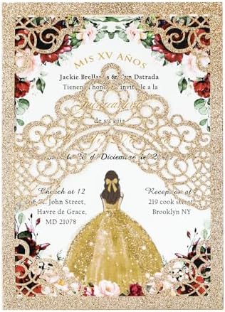 Hosmsua 50PCS Blank Gold Glitter Quinceanera Invitations with Envelopes, 5.1x7.3 Inch Laser Cut Floral Crown Pocket Invitation Cards for Quinceanera Birthday Quince Anos Invite by Hosmsua