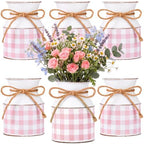 Domensi 6 Pcs Farmhouse Metal Flower Vase, Pink Gingham Table Centerpiece by Domensi