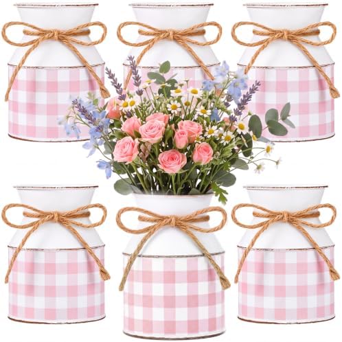 Domensi 6 Pcs Farmhouse Metal Flower Vase, Pink Gingham Table Centerpiece by Domensi