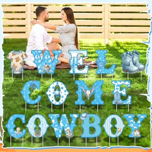 Sliner 15 Pcs Welcome Cowboy Baby Shower Decoration 15 Inch Blue Yard Signs with Stakes Large Lawn Sign for Gender Reveal Newborn Welcome Home Outdoor Party Decoration - Image 6