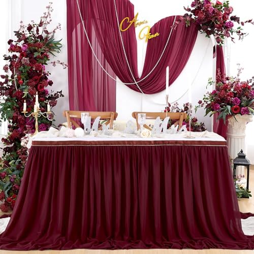 Burgundy Table Skirt for Party：2 Layer Chiffon Table Skirts Rectangle Tables Baby Shower Wedding Birthday Decorations 9FT by QueenDream
