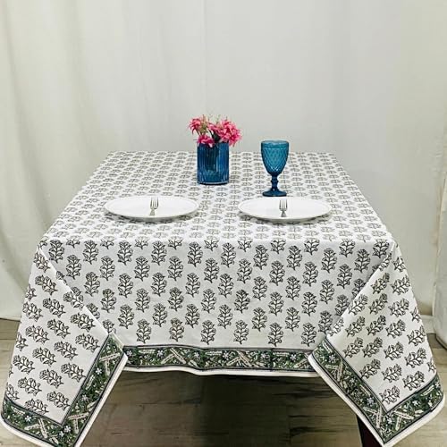 Ridhi Evergreen Grace Hand Block Print Cotton Tablecloth 108x60 Inch - Image 2