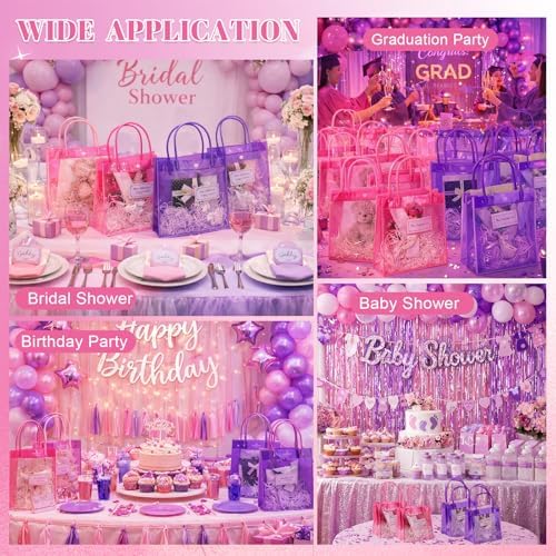 Sweetude 48 Pack Purple and Pink Sleepover Gift Bags Sleepover Spa Party Favors Reusable Goodie Bags with Handles PVC Clear Candy Bag for Pink Birthday Party Supplies Bridal Wedding Bridesmaid Gifts - Image 3