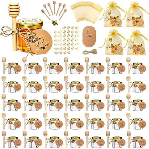IIKUM 40 Pack Glass Honey Jars, 1.5 oz Hexagon Honey Pots with Lids, Dippers, Bee Pendants, Gift Bags, Thank You Cards, Jute and Stickers-Great Honey Jars Set for Baby Shower, Wedding and Party Favors by CelebrateEveryMoment