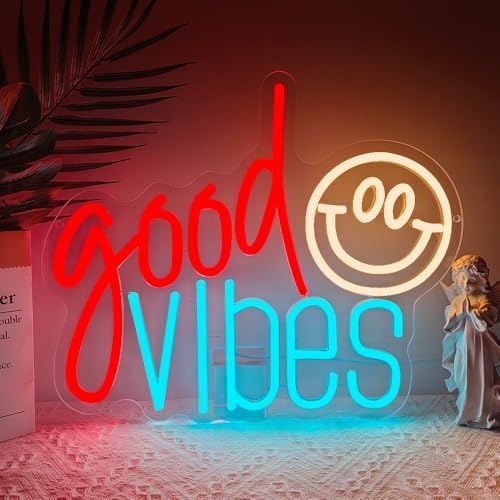 Good Vibes Neon Sign, Smile Face LED Neon Light for Wall Decor Good Vibes Light Up Lamp for Bedroom Dorm Game Room Wall Art Party Decorations Gift USB Powered(14.2"*11.8") by Unknown
