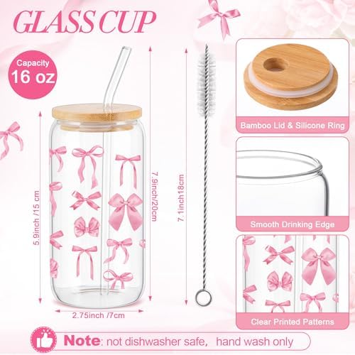 Rtteri 30 Pcs Pink Bow Party Favors Gift Set for Women, Coquette Bow Baby Shower Prizes for Winners Bachelorette Bridal Shower, Includes 16 oz Glass Tumbler PVC Gift Bag Cosmetic Bag Keychain - Image 3
