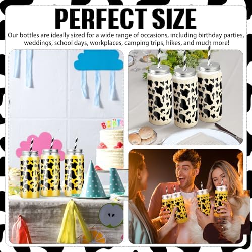 Chuangdi 24 Set 14 oz Cow Theme Plastic Bottle with Straws and Metal Lids 24 Plastic Milk Water Bottle 25 Paper Straws Tumbler Reusable Jar Containers for Cow Party Favor Baby Shower Birthday Supplies - Image 6
