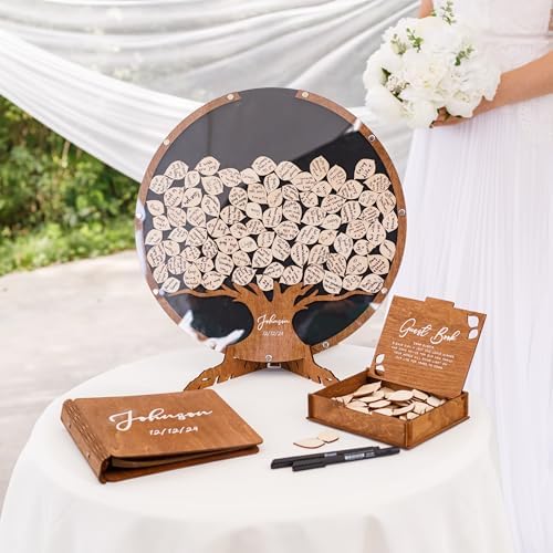 Tree Wedding Guest Book Alternative, Unique Drop Box Frame with Wooden Leaves, Rustic Wedding Decoration, Personalized Guestbook Set with Markers Stand for Reception Anniversary (Round, Mix Green Tr) - Image 2