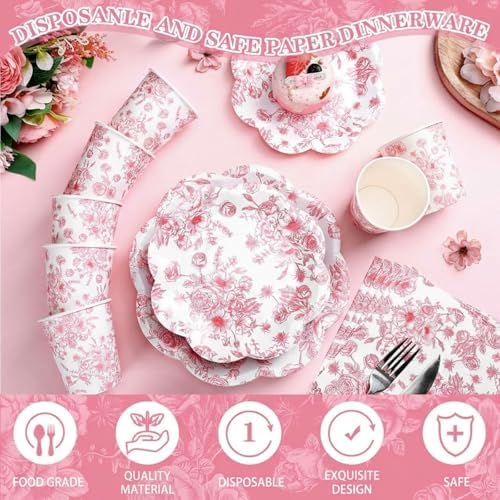 Newtay 250 Pcs Pink Floral Disposable Paper Plate Napkins - Image 3