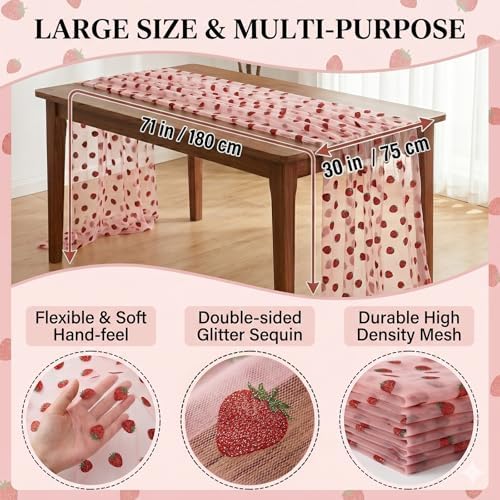 8 Pcs Strawberry Table Runners, 29 x 70 in Pink Glitter Tulle - Image 3