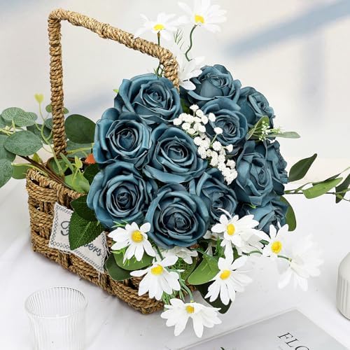 48 PCS Teal Roses Artificial Flowers, Silk - Image 5
