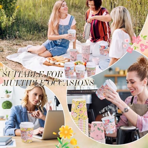 Mimorou 120 Sets Floral Coffee Cups 8oz Tea Party Cups Disposable Fancy Coffee Cup with Lids and Sleeves Flower Designs Hot Cup for Tea Party Wedding Baby Shower Supplies - Image 7