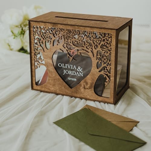 2B1WEDDING Wooden Personalized Wedding Card Box - Customizable Rustic Wedding Box for Cards and Money Elegant with Tree Design - Card Holder for Bridal Shower, Birthday Gift - Image 2