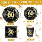 Pickmesh 250 Pcs 60th Birthday Party Supplies Decorations Serve 50 Black Gold Cheers to 60 Years Disposable Paper Plates Napkins and Cups for Women Men 50th Birthday Wedding Anniversary Party Supplies - Image 2