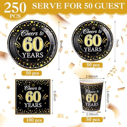 Pickmesh 250 Pcs 60th Birthday Party Supplies Decorations Serve 50 Black Gold Cheers to 60 Years Disposable Paper Plates Napkins and Cups for Women Men 50th Birthday Wedding Anniversary Party Supplies - Image 2