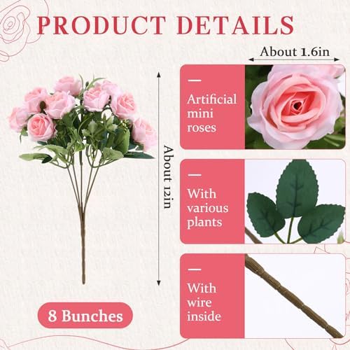 Zeyune 8 Pack 12 Inch Artificial Rose Bouquet, Light Pink - Image 2