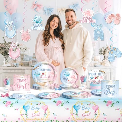 Gone Fishing Gender Reveal Decorations Tableware Set, 177 PCs Fish He or Fish She Supplies with Plates, Napkins, Forks, Banner, Tablecloth for Baby Shower Party, Serves 24 Guests - Image 6