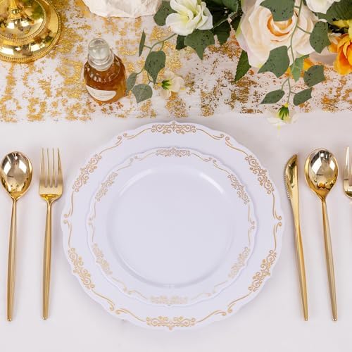U-QE 100PCS Gold Plates Disposable - Heavy Duty White and Gold Plates - Image 5