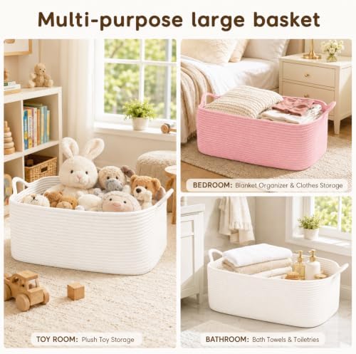 OIASKET Large Empty Cotton Rope Gift Basket with Handles, 18.9"x13.8"x7.8" Decorative Woven Storage Basket with Gift Bag and Ribbon Set for Baby Shower, Toy Organizer for Kids, Dogs & Cats - White - Image 4