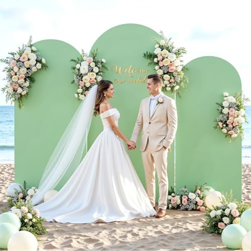 Sage Green Beige Arch Backdrop Cover 6FT 5FT 4FT Wedding Arch Covers Set of 3 Spandex Fitted Fabric Backdrops Double-Color Arch Covers Stretchy Backdrop for Party Baby Shower Birthday Decoration - Image 2