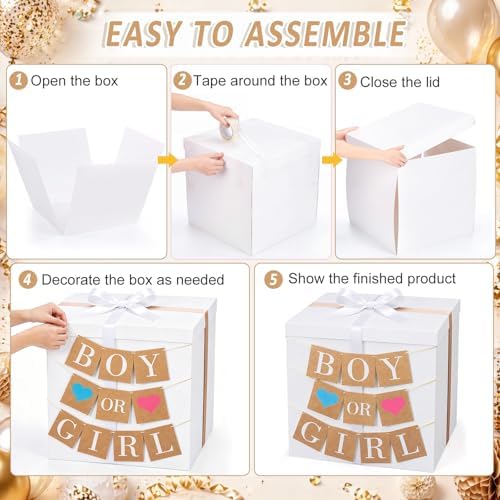 VercanMonth 28 Inches Giant Gender Reveal Gift Box with Lid Kit Extra Large White Gift Box with Boy or Girl Party Banner and White Gold Ribbons for Gender Reveal Birthday Party Baby Shower Decor - Image 3
