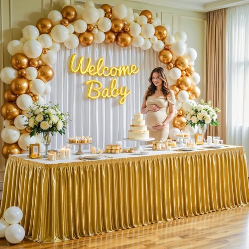 Wish Care 21ft Gold Satin Table Skirt for Rectangle Tables Wrinkle Free Teacher Desk Skirt Glitter Ruffle Table Skirting Cloth for Back to School Classroom Office Cocktail Birthday Party Table Decor - Image 6