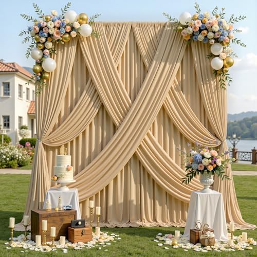 gogoparti 50x12ft Beige Backdrop Curtain for Wedding Parties, 10 Panels (5x12 ft Each) Wrinkle-Free Dackdrop Curtains, Silky Draping Fabric for Birthday Party, Baby Shower, Photo Background by Gogoparti