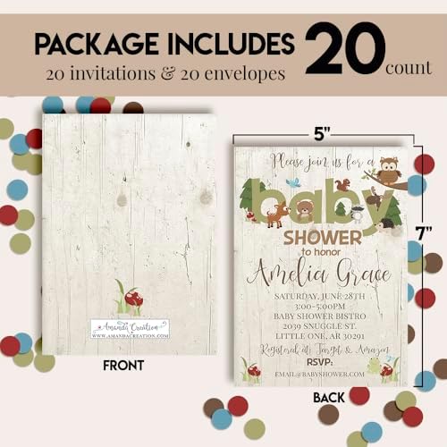 Custom Baby Shower Invites Woodland Themed Invitations 20 5x7 Personalized Ourdoors Theme Invitation Cards With Envelopes - Unique Cute Animal Baby Shower Cards - Image 4