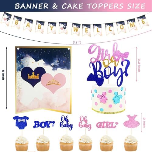 144 PCs Navy Blue and Pink Gender Reveal Decorations, Hombae Boy or Girl Gender Reveal Decorations What Will Baby Be Backdrop Balloon Banner Tablecloth Cake Cupcake Topper Boxes Cutout Poster Sash - Image 3