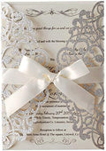 Hosmsua 20x Laser Cut Lace Flora Wedding Invitation Cards with Ribbon Bow and Envelopes 5.12 x 7.3'' Invitation for Bridal Shower Engagement Birthday Graduation Party 20pcs (Sliver Glitter) by Hosmsua