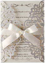 Hosmsua 20x Laser Cut Lace Flora Wedding Invitation Cards with Ribbon Bow and Envelopes 5.12 x 7.3'' Invitation for Bridal Shower Engagement Birthday Graduation Party 20pcs (Sliver Glitter) by Hosmsua
