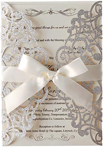 Hosmsua 20x Laser Cut Lace Flora Wedding Invitation Cards with Ribbon Bow and Envelopes 5.12 x 7.3'' Invitation for Bridal Shower Engagement Birthday Graduation Party 20pcs (Sliver Glitter) by Hosmsua