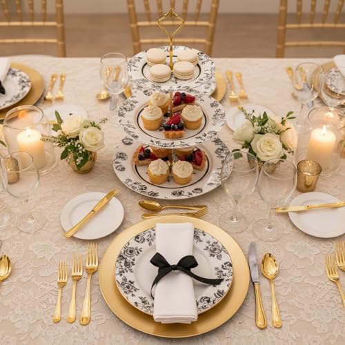 Lallisa 3 Tier Floral Cake Stand 10", 9" and 7" Ceramic Chinoiserie Tiered Serving Tray Dessert Cupcake Display Holder Tower for Wedding Baby Bridal Shower Tea Party Decoration(Chinoiserie,Black) - Image 2