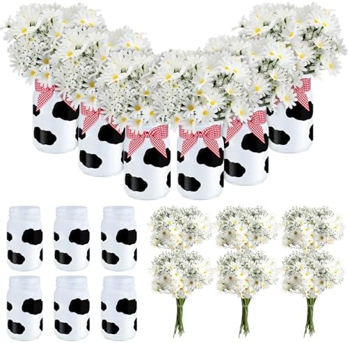 Daifunli 6 Set Cow Party Centerpieces for Table Cow Print Mason Jar Decor by Huiinen