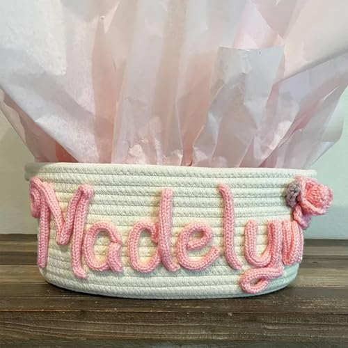 Personalized Cute Small Woven Basket with Handles, Custom Cotton Rope Room Shelf Storage Basket, Empty Decorative Gift Basket, Decorative Round Bin for Nursery Bedroom Bathroom (Style B) - Image 7