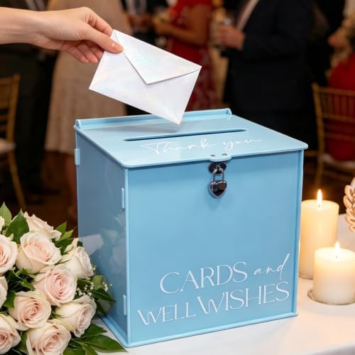 Acrylic Card Box with Lock & Slot, Macaron Blue Wedding Card Boxes for Reception Monetary Envelope Cash Gifts, Large Gift Cards Holder Box for Graduation Bridal Baby Shower Party Supplies - Image 2