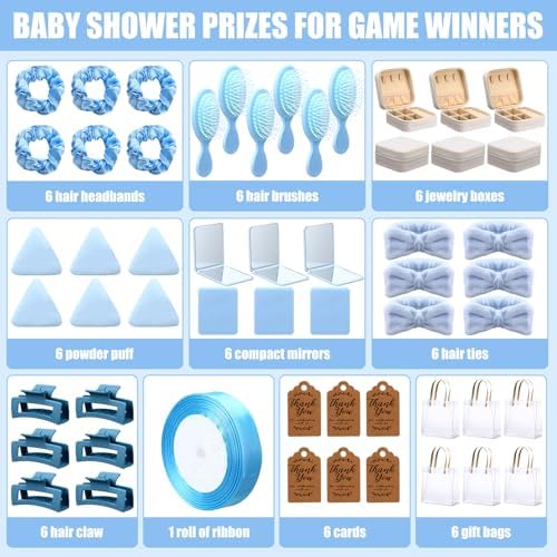 Knitgrip 55pcs Baby Shower Prizes for Winners Gifts Including Headband Hairbrush Jewelry Box Compact Mirror Powder Puff Hair Tie Claw Gift Bag for Game Baby Wedding Bridal Shower(Blue) - Image 2