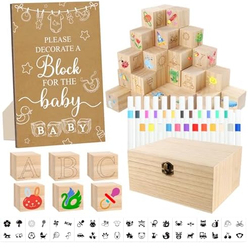 150 Pcs Brown Baby Shower Games Sign Kit, Including a Decorate Flower Game Sign 102 DIY Wooden Blocks 36 Acrylic Markers 10 Stencils 1 Storage Box, for Baby Shower Party Gender Reveal by ZCPTZ