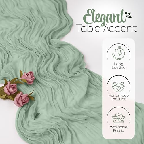 12 Pack Sage Green Cheesecloth Table Runners 10FT Long – 35 x 120 Inch Boho Gauze Table Runners for Engagement, Wedding, Baby Shower & Home Decor – Soft Wrinkled Polyester Fabric - Image 7